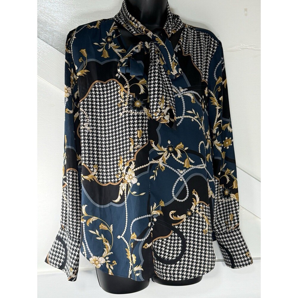 Ann Taylor Bow Tie Blouse Teal Pearl Print Equestrian Long Sleeve Size Small - Picture 9 of 13